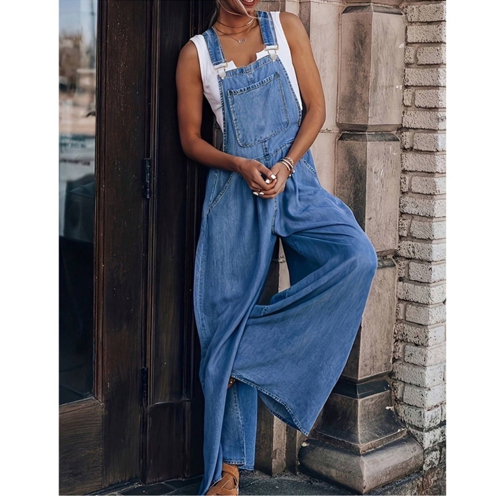 Medium Wash Pockets Wide leg Jean Denim overalls